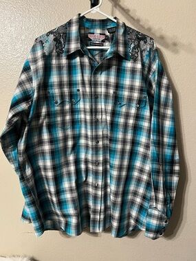 Brooks & Dunn Panhandle Slim Turquoise Black White Plaid Western Shirt XL